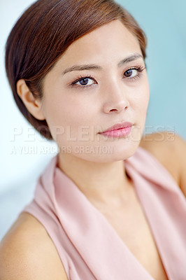 Buy stock photo Asian woman, portrait and beauty with makeup for fashion, cosmetics or style in elegance. Closeup or face of attractive female person or young japanese model with classy pink dress or feminine outfit