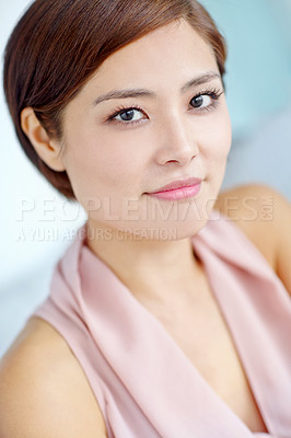 Buy stock photo Asian woman, portrait and confident in beauty with makeup for cosmetics, pride and elegance. Natural, shine and face of female person with satisfaction for smooth skin, treatment and wellness