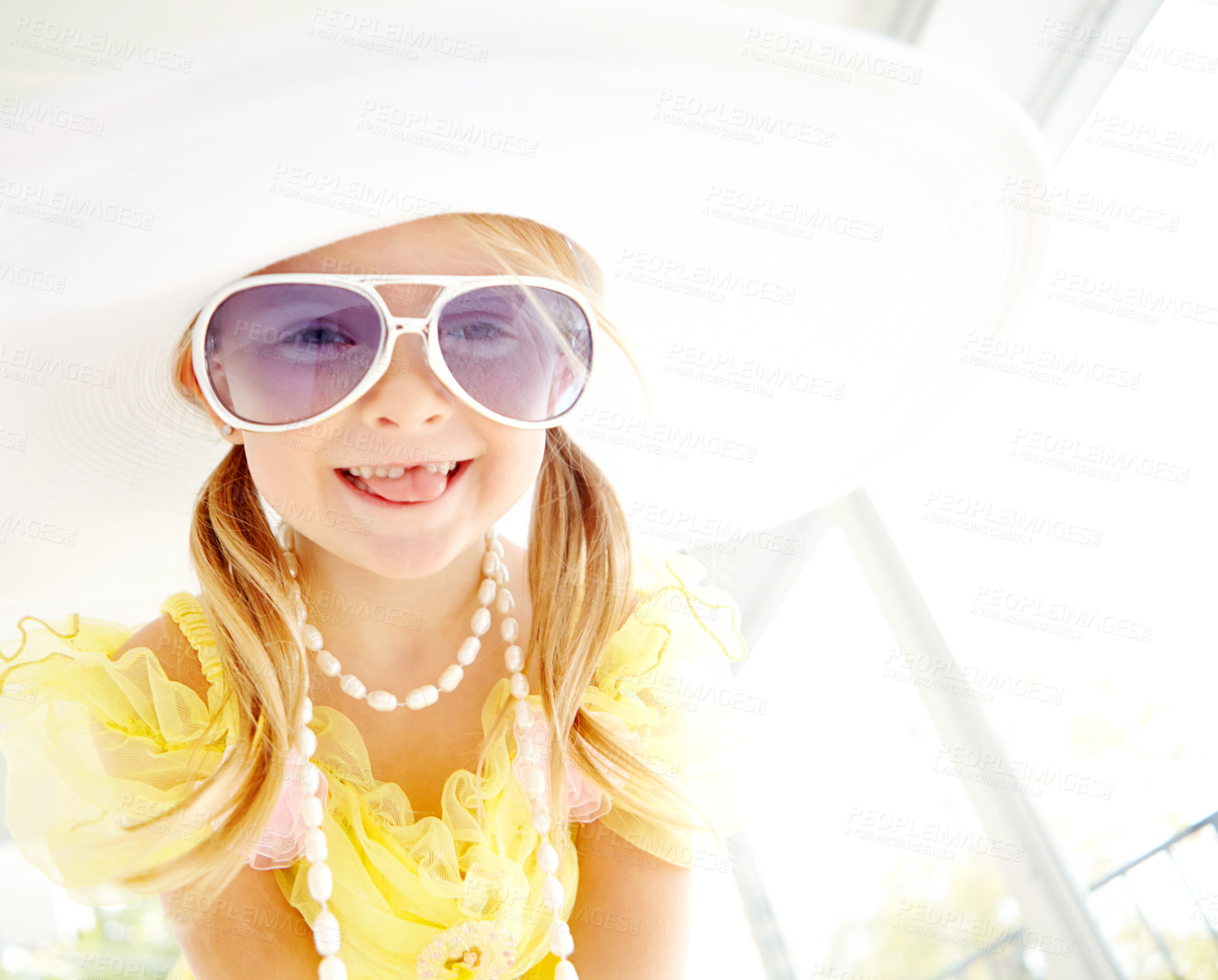 Buy stock photo Costume, dress and portrait of child in home with fun, glamour and confidence with sunglasses for character play. Princess, fnacy and happy girl with smile, fantasy game and creative development.