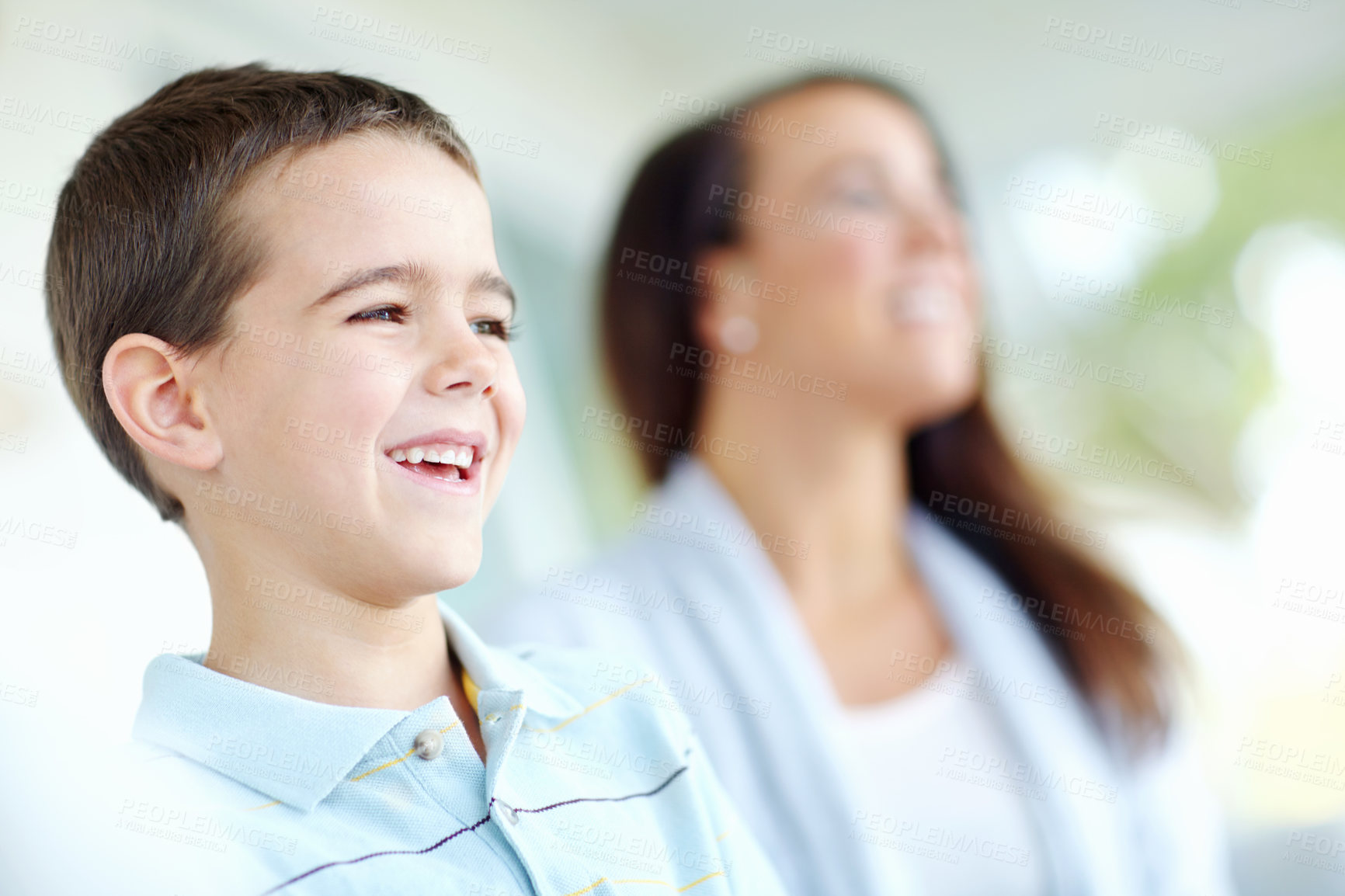 Buy stock photo Classroom, happy and child with mom, boy and together with parent in back to school meeting and smile. Listening, kid and woman in conference for student, growth and development of son with education