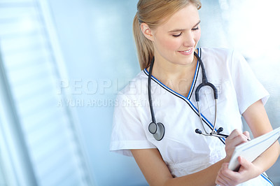 Buy stock photo Documents, healthcare and smile with nurse woman in hospital for medical insurance, notes or results. Checklist, paper and writing with happy medicine professional in clinic for administration