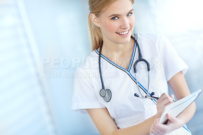 Buy stock photo Healthcare, smile and portrait of doctor, writing and confident with diagnosis, intern and hospital. Happy, medical professional and joy in clinic, woman and proud to help and notes for prescription