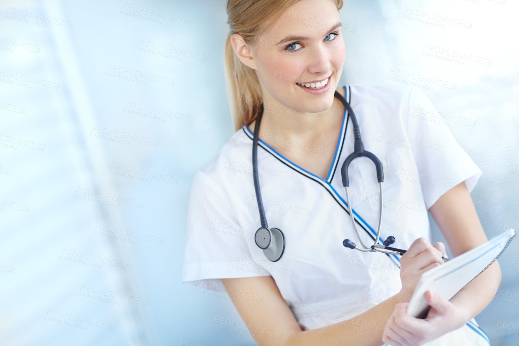 Buy stock photo Healthcare, smile and portrait of doctor, writing and confident with diagnosis, intern and hospital. Happy, medical professional and joy in clinic, woman and proud to help and notes for prescription