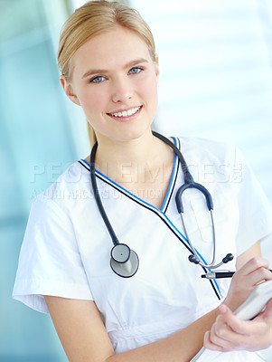 Buy stock photo Portrait, doctor and woman with smile, notebook and healthcare with wellness, hospital and stethoscope. Face, person and medical with professional in uniform, documents and career ambition in clinic