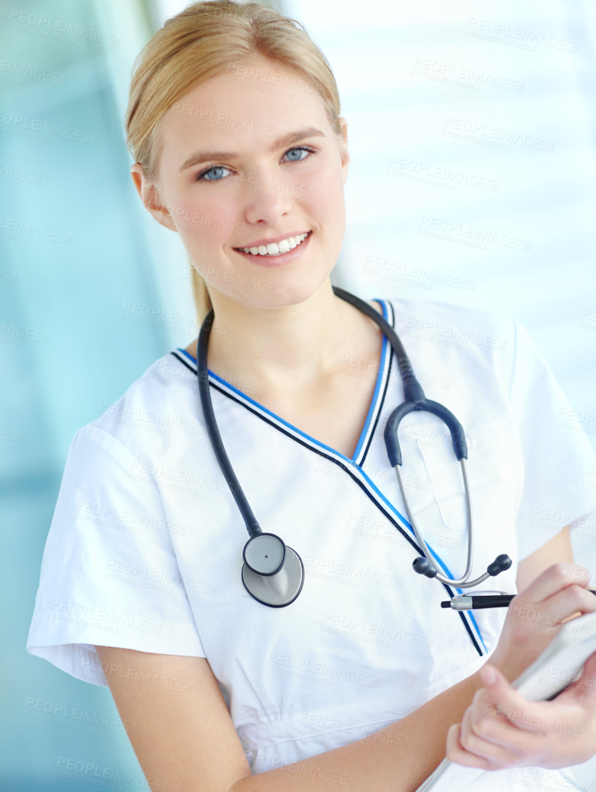 Buy stock photo Portrait, doctor and woman with smile, notebook and healthcare with wellness, hospital and stethoscope. Face, person and medical with professional in uniform, documents and career ambition in clinic