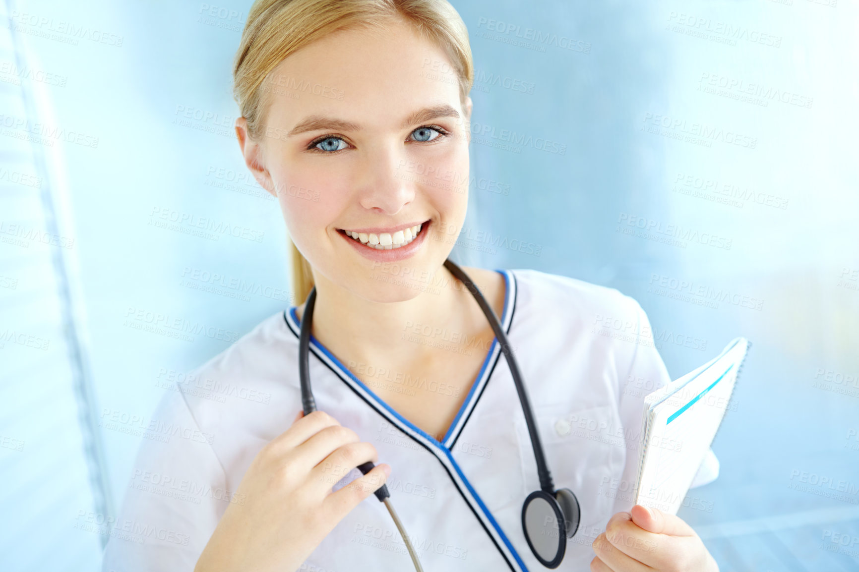 Buy stock photo Portrait, happy woman or doctor in healthcare with stethoscope, lungs assessment and monitor health of patient. Medical, female cardiologist and tool to listen for heart sounds, rhythm and checklist