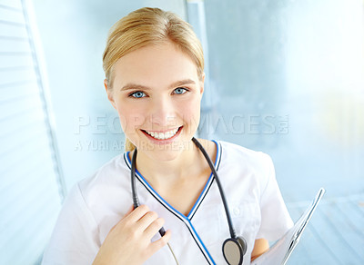 Buy stock photo Nurse, woman and portrait in hospital with paperwork, medical file and smile from doctor job. Happy, clinic and professional with healthcare, cardiology and nursing notes ready for appointment 