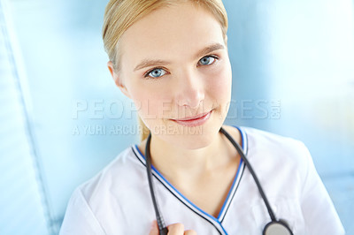 Buy stock photo Woman, smile and portrait of nurse at hospital for healthcare, support and career in medicine. Pride, professional and person with stethoscope at clinic for medical service, confidence and wellness