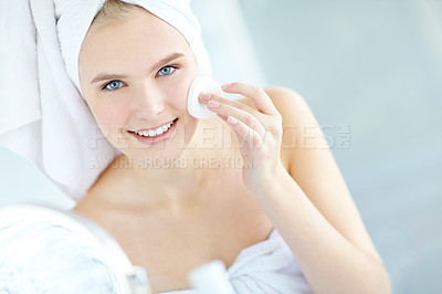 Buy stock photo Portrait, girl and cleaning face for skincare with cotton pad, facial hygiene and wipe makeup of dermatology. Woman, product and cosmetic of natural benefits, glow results and beauty routine at house