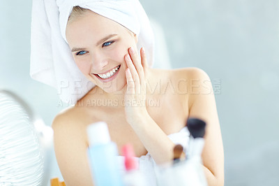 Buy stock photo Happy, woman and skincare in bathroom at house for facial satisfaction, smooth results and cleaning routine. Smile, girl and towel for dermatology treatment, natural beauty and cosmetics of self care