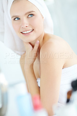 Buy stock photo Thinking, skincare and woman with smile in bathroom for cleaning, hygiene and morning routine. Towel, happy and female person with confidence at home for self care, satisfaction and dermatology