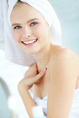 Buy stock photo Portrait, spa and skincare of woman, towel and wellness of cosmetics for glow, soft and shine of skin. Beauty salon, luxury and treatment with results, happy and dermatology for girl with smile