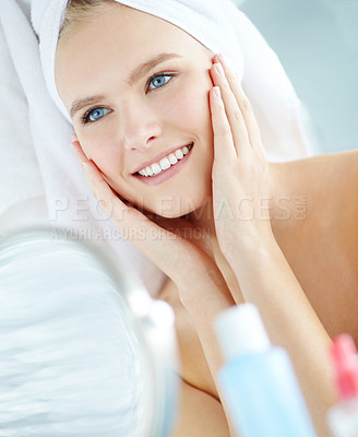 Buy stock photo Woman, smile and skincare with beauty at house for facial satisfaction, smooth results and cleaning routine. Happy, girl and towel with dermatology shine, natural treatment and cosmetics of self care