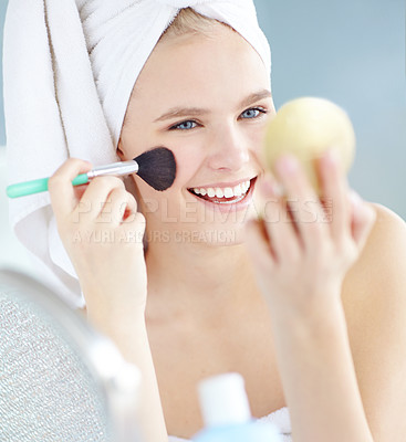 Buy stock photo Makeup, smile and woman with hand mirror in home for facial, beauty and cosmetic treatment. Cosmetology brush, self care and female person getting ready with press powder for smooth skin at house.