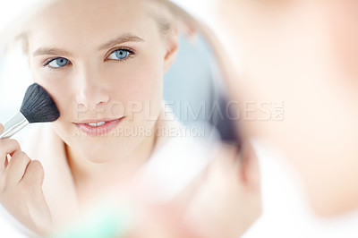 Buy stock photo Woman, beauty and wellness with makeup brush, mirror and confidence for dermatology or healthy skin in home. Female person, pride and cosmetics with smile, glow and results in skincare or cosmetology