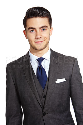 Buy stock photo Portrait, business and man in suit, tie and confident guy isolated on white studio background. Face, person and entrepreneur with corporate fashion, pride and stylish with professional clothes