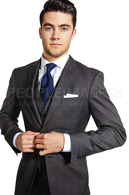 Buy stock photo Portrait, business and man in suit, style and confident guy isolated on white studio background. Face, person and entrepreneur with corporate fashion, pride and startup with professional clothes