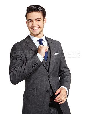 Buy stock photo Corporate, man and smile in studio for fashion on white background for elegant style and outfit as accountant. Business person, happy and portrait on confidence with suit for office wear and isolated