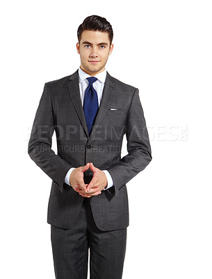 Buy stock photo Corporate, man and serious in studio for fashion on white background for elegant style and outfit as accountant. Male person, entrepreneur and smile on confidence with suit as clothes for office wear