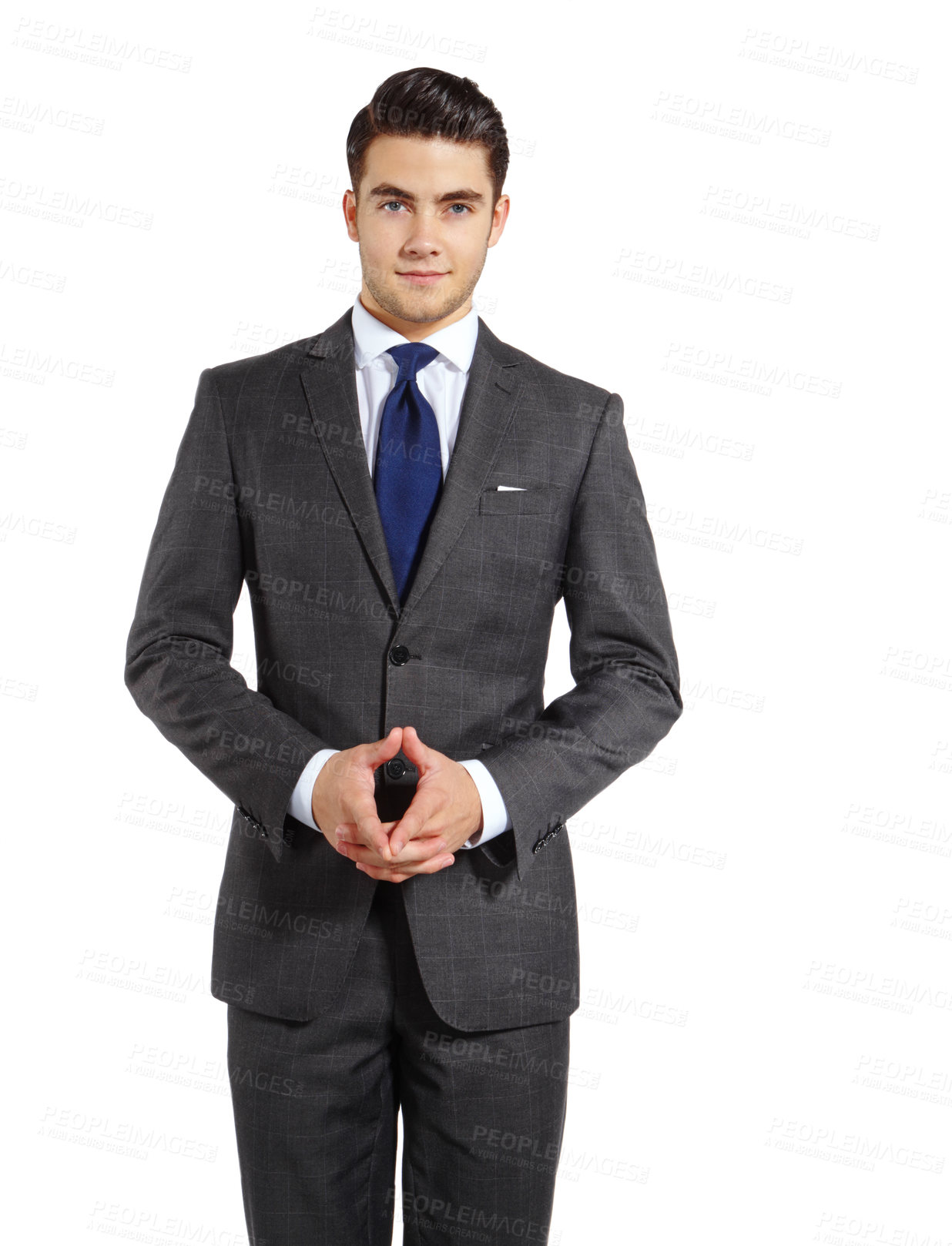 Buy stock photo Corporate, man and serious in studio for fashion on white background for elegant style and outfit as accountant. Male person, entrepreneur and smile on confidence with suit as clothes for office wear