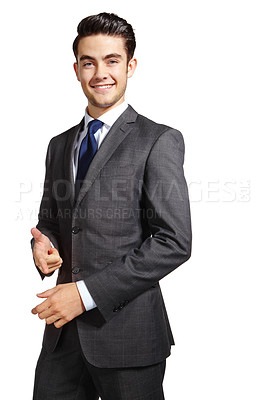 Buy stock photo Confident, happy and portrait of businessman in studio for corporate, finance career and work. Accounting, professional and male person with smile for financial, service and job on white background