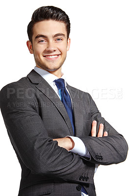 Buy stock photo Corporate, man and smile with arms crossed in studio for fashion on white background for elegant style and outfit as accountant. Business person, happy and portrait on confidence with tuxedo