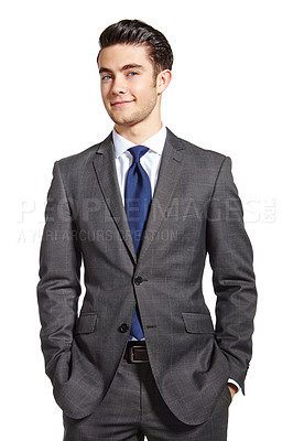 Buy stock photo Suit, confidence and portrait of businessman in studio for corporate, company and finance career. Professional, accountant and male person with pride for financial, service or job on white background