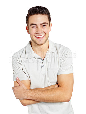 Buy stock photo Arms crossed, smile and portrait of student man in studio isolated on white background for education. College, scholarship and school with happy person at university for development or learning