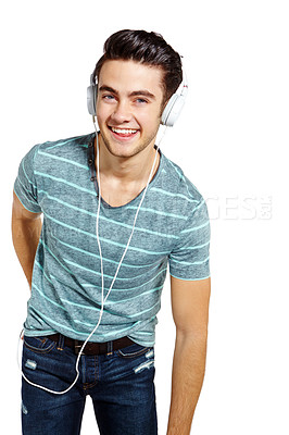 Buy stock photo Casual, music and portrait with student man in studio isolated on white background for education. College, smile and university with person in headphones for development, learning or streaming