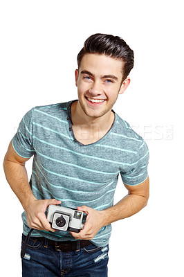 Buy stock photo Man, studio and happy with digital camera for photography and creativity in portrait on white background. Male person, photographer and talent or hobby as artist for memories with smile in confidence