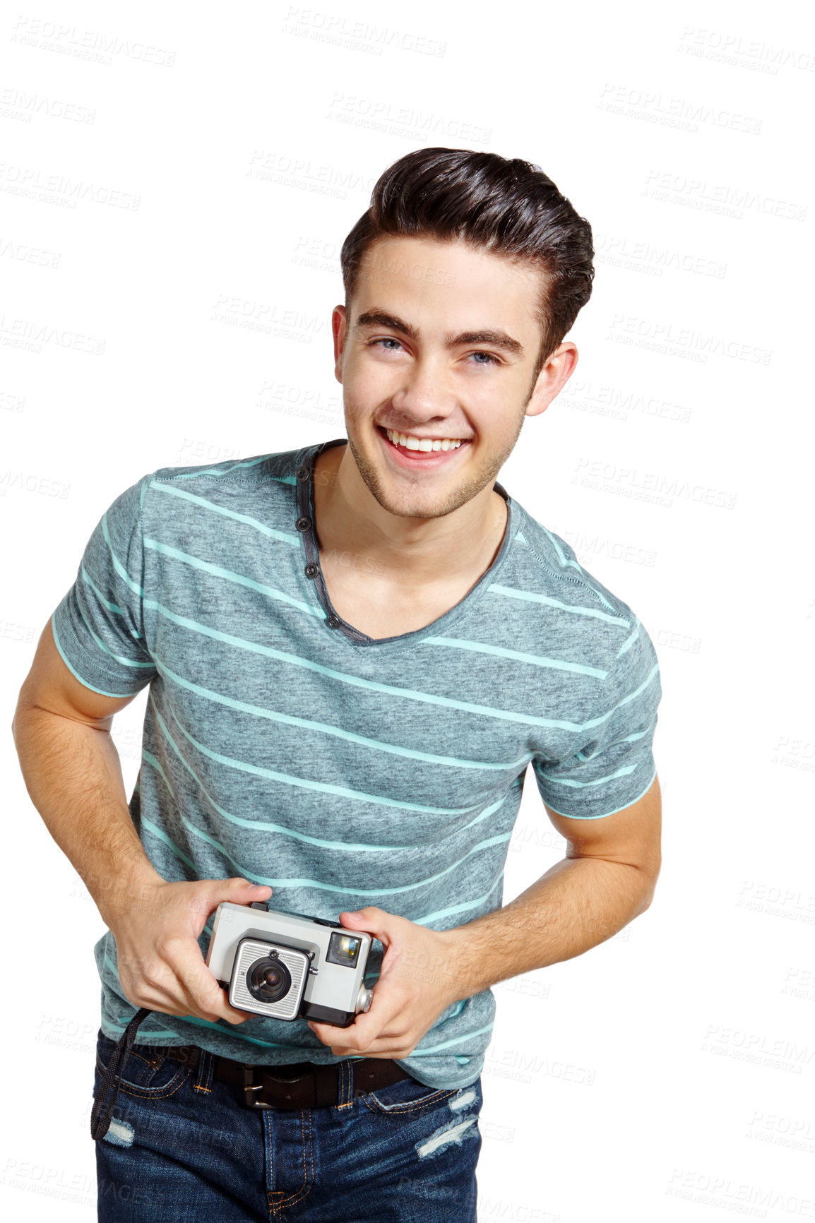 Buy stock photo Man, studio and happy with digital camera for photography and creativity in portrait on white background. Male person, photographer and talent or hobby as artist for memories with smile in confidence