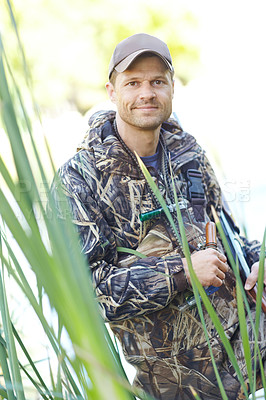 Buy stock photo Portrait, man and gun with gear outdoor for camouflage, hunting wildlife or adventure activity of nature safety. Male hunter, rifle and security for birdwatching, hobby and gaming target of survival