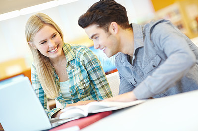 Buy stock photo Education, laptop and smile of student friends in college or university library on campus for learning. Computer, development and happy with scholarship people at school desk for growth together