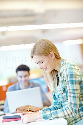 Buy stock photo Girl, reading and writing in book or classroom for study group, project and assignment. Female person, medical student and research for education, course and learning in college, campus or university