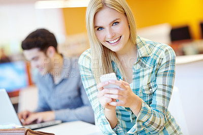 Buy stock photo Portrait, student and woman in library, smartphone and typing with connection, texting and message. Face, people and girl with cellphone, contact and digital app for exam results and online reading