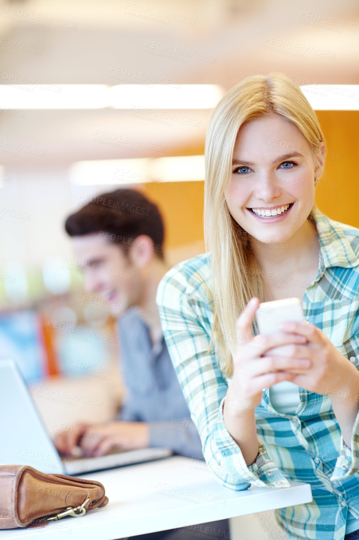 Buy stock photo Portrait, student and girl in library, smartphone and typing with connection, texting and message. Face, mobile user and woman with cellphone, contact and digital app for exam results and happiness