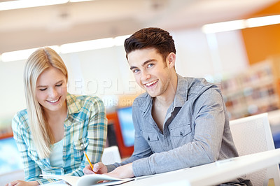 Buy stock photo Students, library and working with homework for school project and research at learning center. University, document and teamwork for education assessment with college, class and smile from study