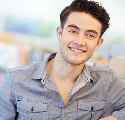 Buy stock photo Portrait, student and man in library, smile and college with knowledge, scholarship and academy. Face, person and guy with higher education, university and learning with happiness, pride and studying