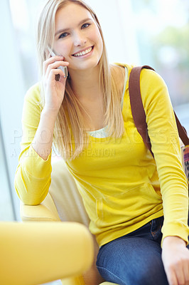 Buy stock photo Girl, travel and phone call in portrait, airport or waiting area on study abroad or journey. Female person, tech and trip for education, course or college on holiday or vacation as university student