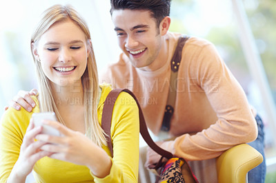 Buy stock photo Happy, typing and couple with cellphone, smile and connection with social media, texting and contact. Online humor, man or woman with smartphone, message and communication with email for exam results