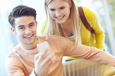 Buy stock photo Happy, portrait and couple with smartphone, internet and connection with social media, texting and message. Smile, man and woman with cellphone, typing and communication with email for exam results