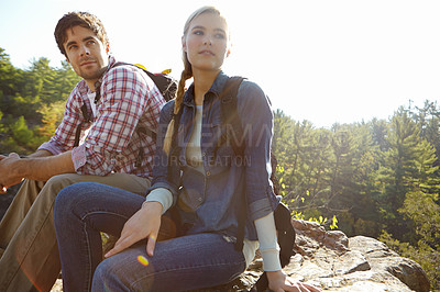 Buy stock photo View, thinking or couple hiking in forest for travel, outdoor adventure or journey in nature together. Hikers, woods and people resting to relax on holiday vacation or trip to explore park for break