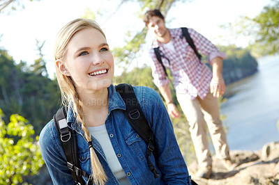 Buy stock photo Mountain, view or couple hiking by river for travel, outdoor adventure or journey in nature or lake. Romantic, woods or people resting to relax on holiday vacation to explore forest or park on break