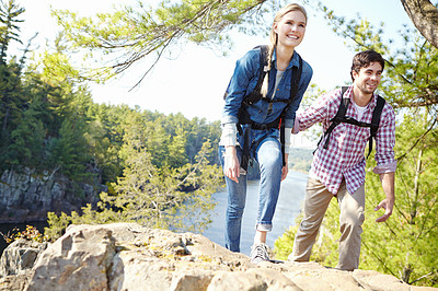 Buy stock photo Hiking, couple and thinking with smile in nature for outdoor adventure, travel and journey together. Happy, man and woman with backpack on mountain for trekking, exploration and tourism in Argentina