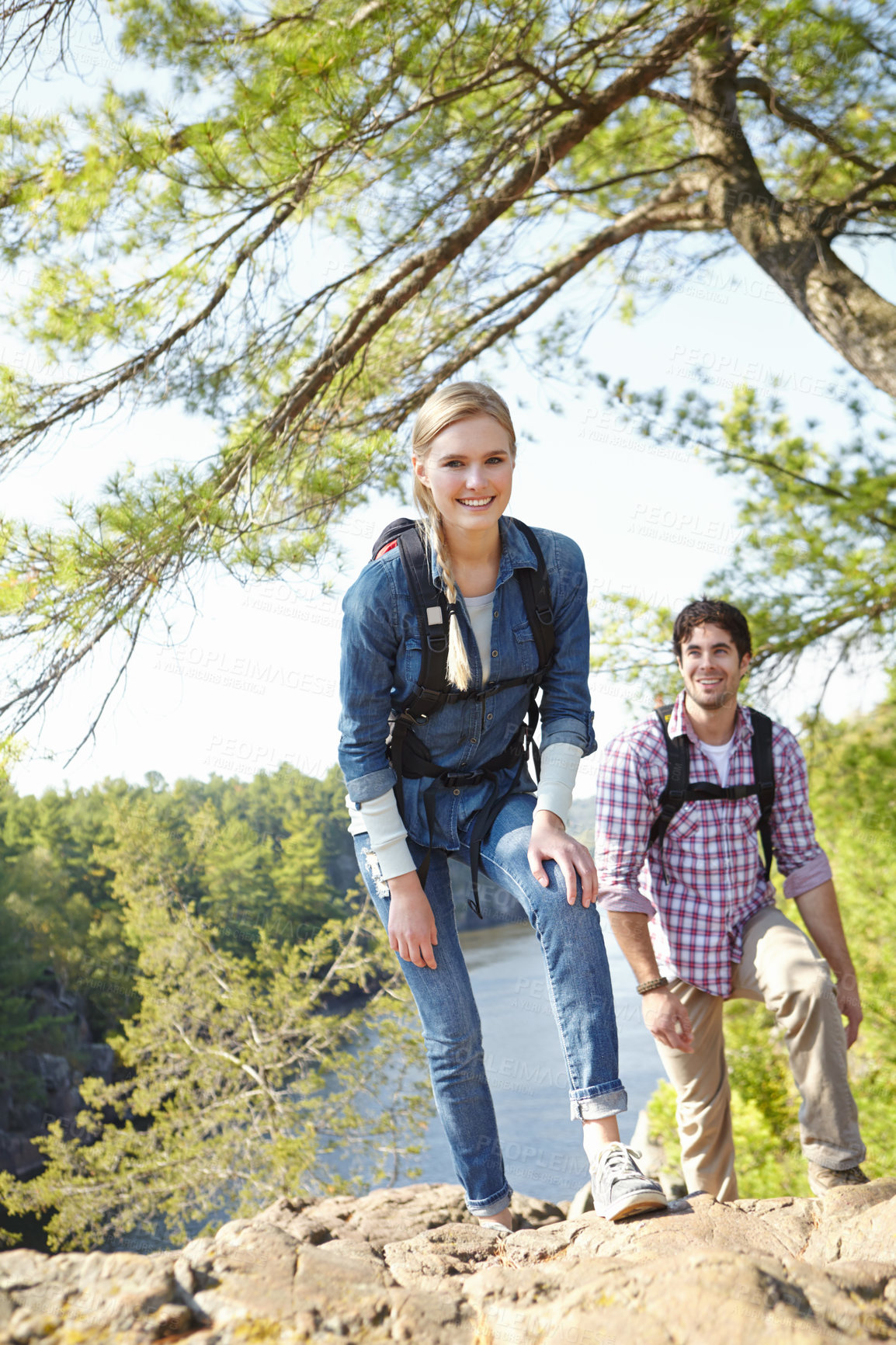 Buy stock photo Hiking, couple and happy with portrait in nature for outdoor adventure, journey and travel together. Smile, woman and man with backpack by mountain for exploring, trekking and tourism in Argentina