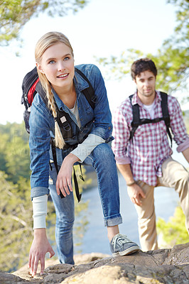 Buy stock photo Hiking, couple and thinking with woman in nature for outdoor adventure, travel and journey together. Happy, man and smile with backpack by mountain for trekking, exploration and tourism in Argentina