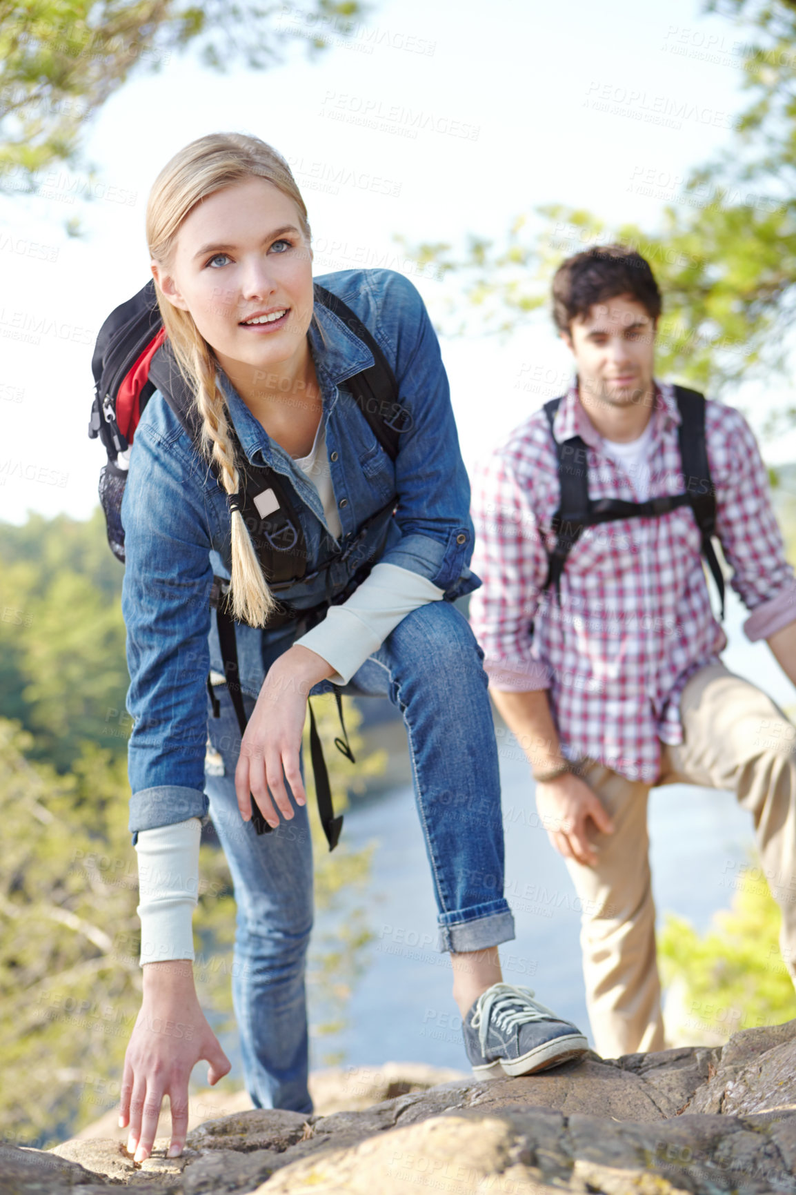 Buy stock photo Hiking, couple and thinking with woman in nature for outdoor adventure, travel and journey together. Happy, man and smile with backpack by mountain for trekking, exploration and tourism in Argentina