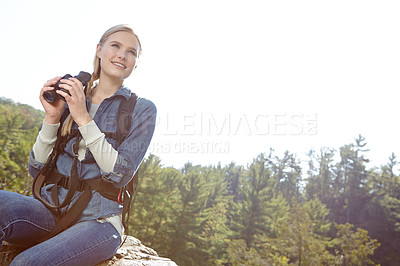 Buy stock photo Hiking, binoculars and thinking with woman in nature for wildlife biologist, field research and ecology. Wellness, travel and adventure with person for environment study, conservation or relax mockup