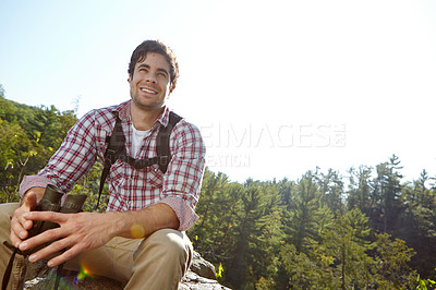 Buy stock photo Hiking, binoculars and environment with man in nature for wildlife biologist, field research and ecology. Wellness, travel and adventure with person for forest study, conservation and trekking mockup