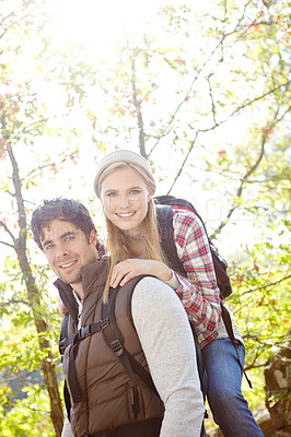 Buy stock photo Portrait, hike date or happy couple in woods for travel, outdoor adventure or trekking journey in nature. Relax, smile or people in forest together for holiday vacation, trip or break to explore park